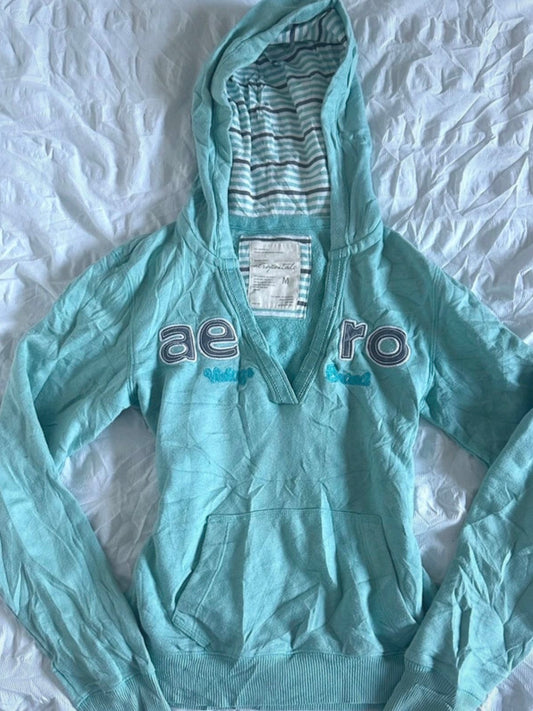 2000s aeropostale turquoise v neck hoodie with striped hood