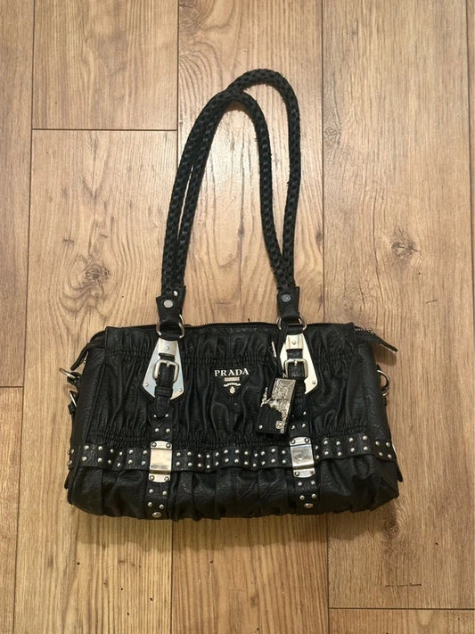 vintage 2000s prada studded black shoulder bag