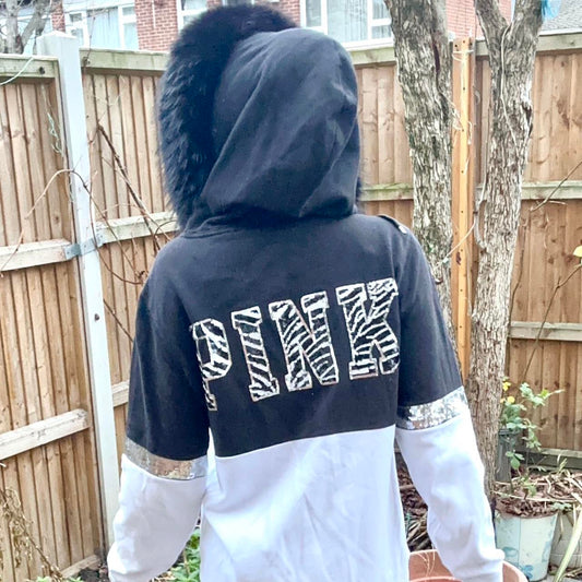 victoria’s secret pink zebra sequin hoodie y2k mcbling