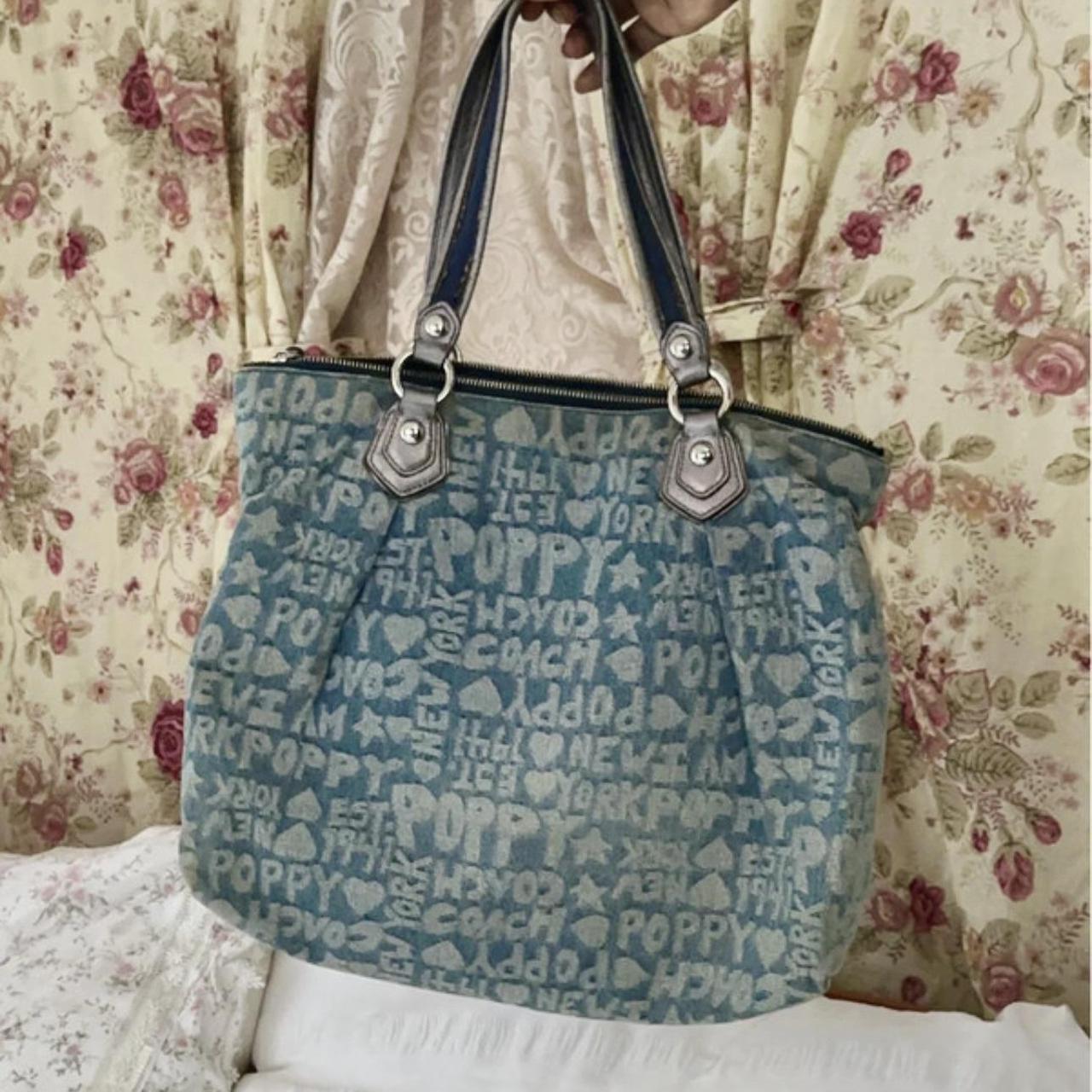 vintage 2000s coach poppy denim tote bag (large)