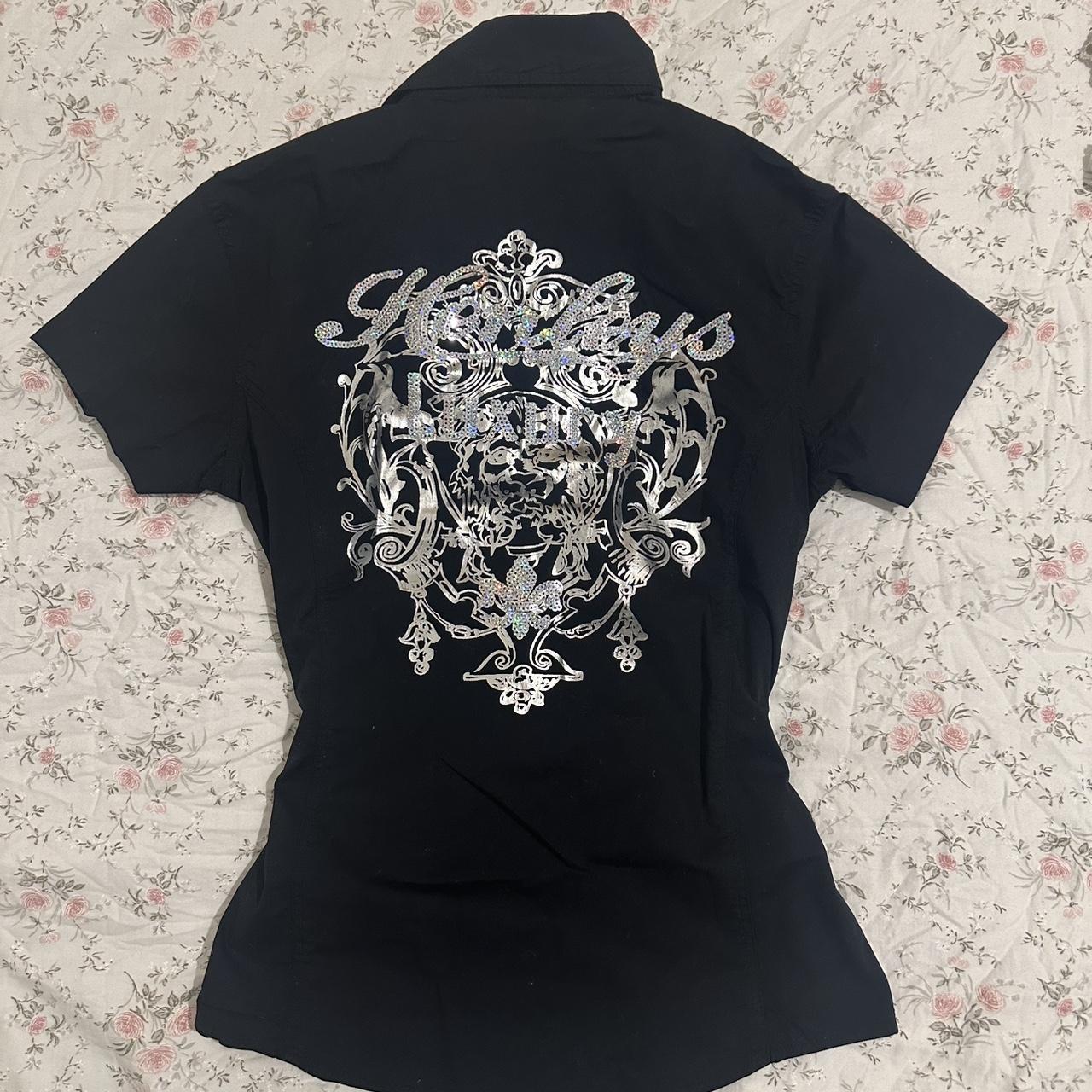henleys 2000s mcbling embellished graphic black shirt