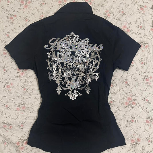 henleys 2000s mcbling embellished graphic black shirt