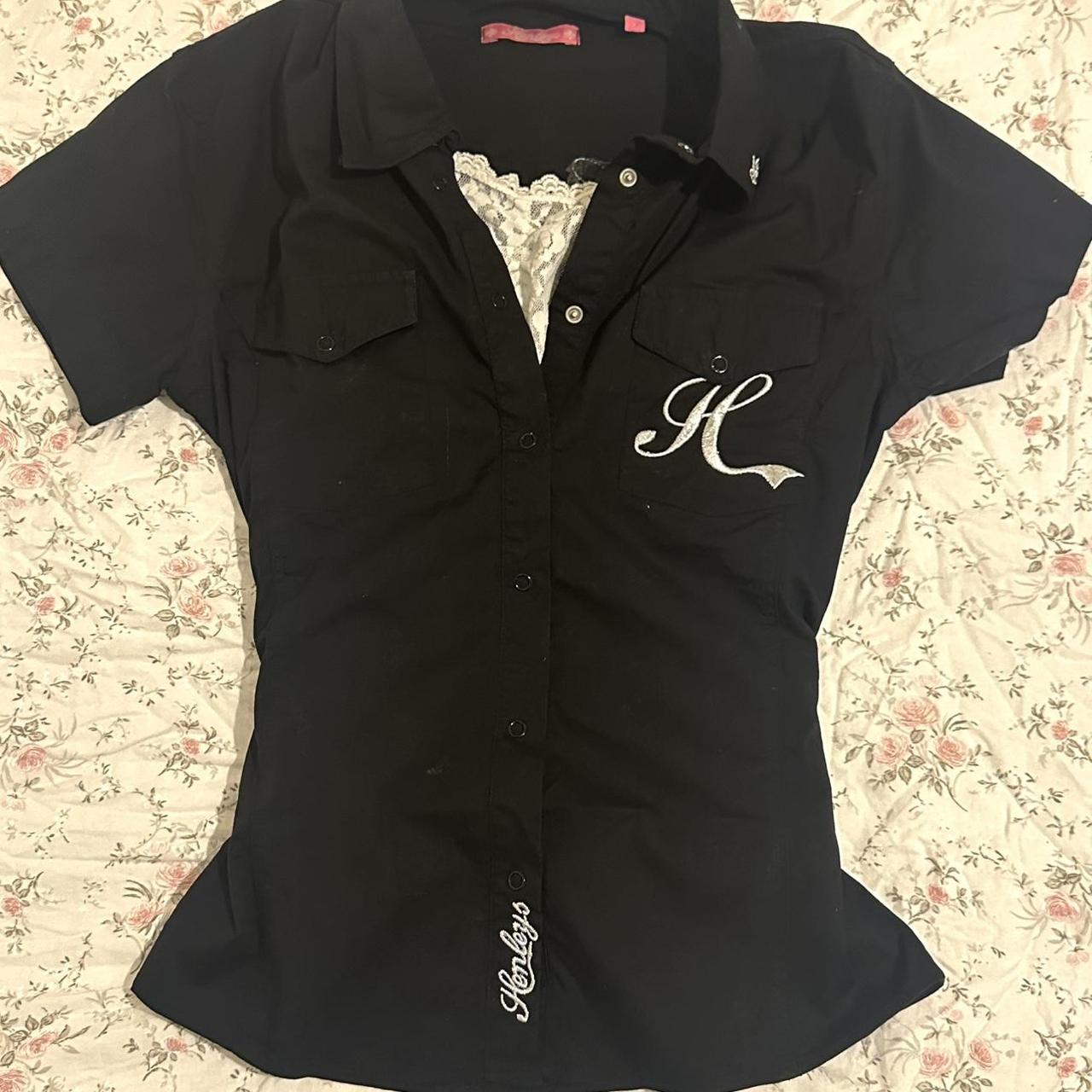 henleys 2000s mcbling embellished graphic black shirt