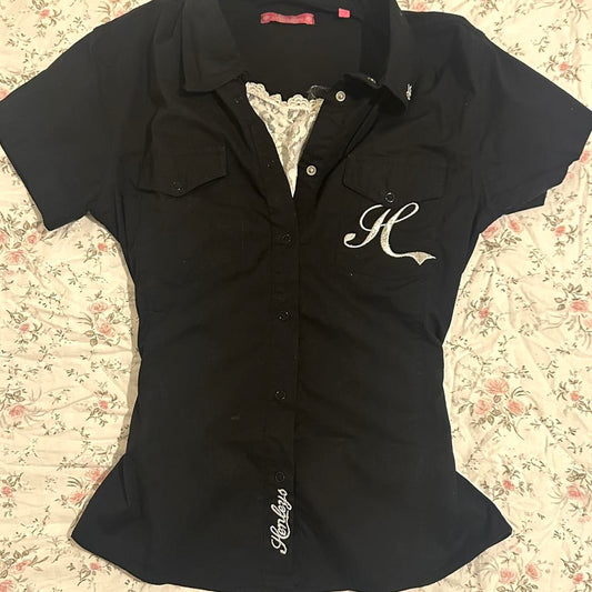 henleys 2000s mcbling embellished graphic black shirt