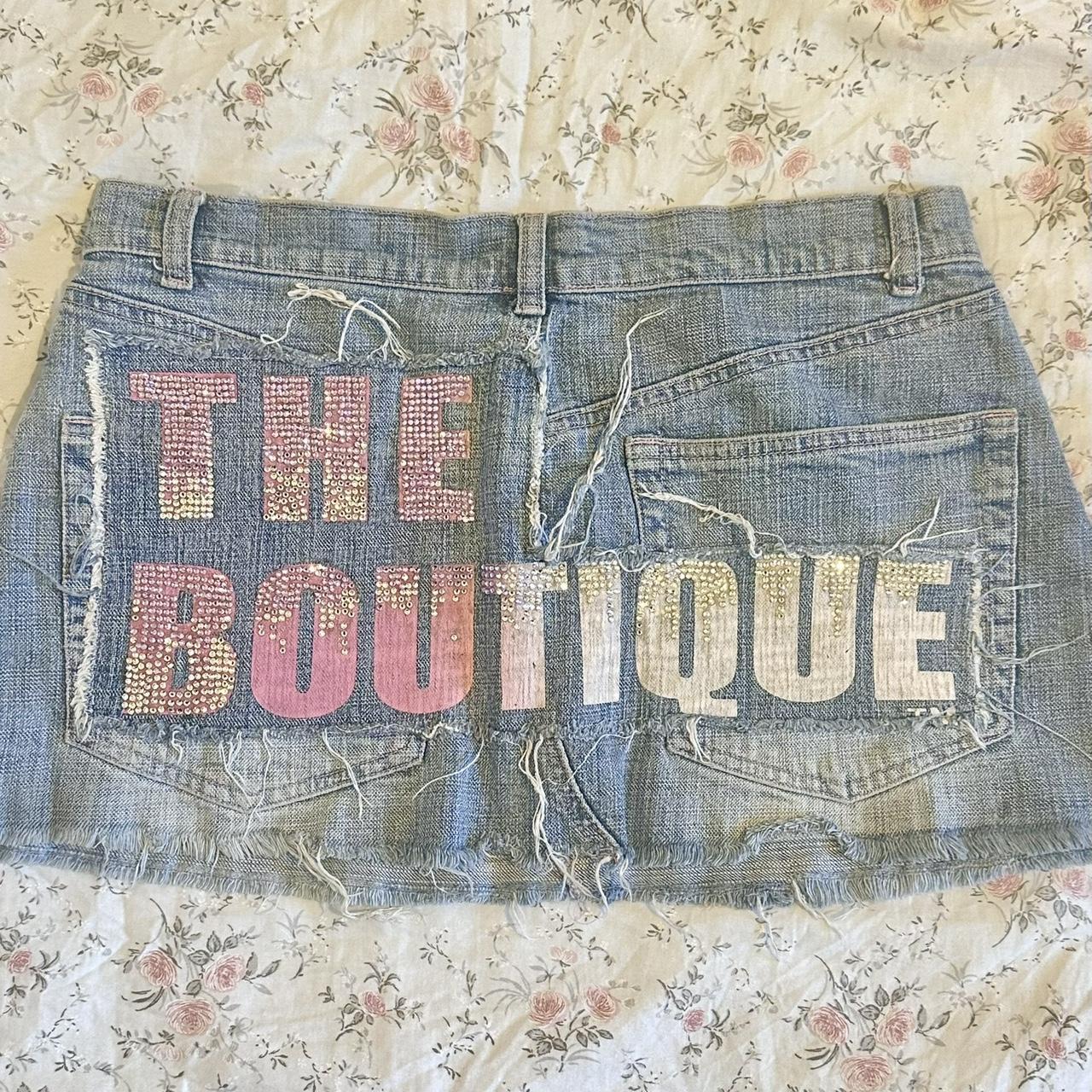 vintage 2000s y2k denim mini skirt rhinestone varsity vibe