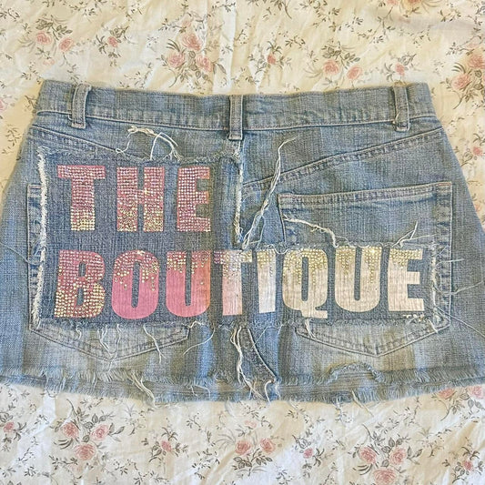 vintage 2000s y2k denim mini skirt rhinestone varsity vibe