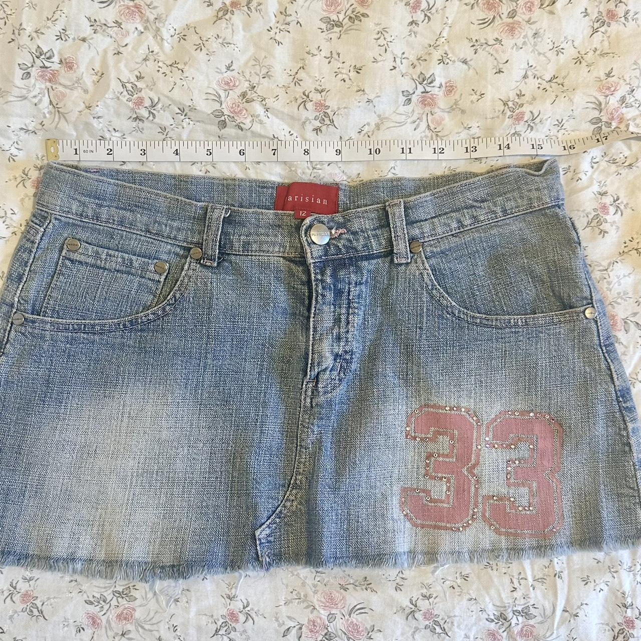 vintage 2000s y2k denim mini skirt rhinestone varsity vibe