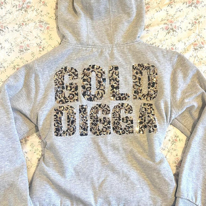grey gold digga sequin leopard hoodie y2k vintage